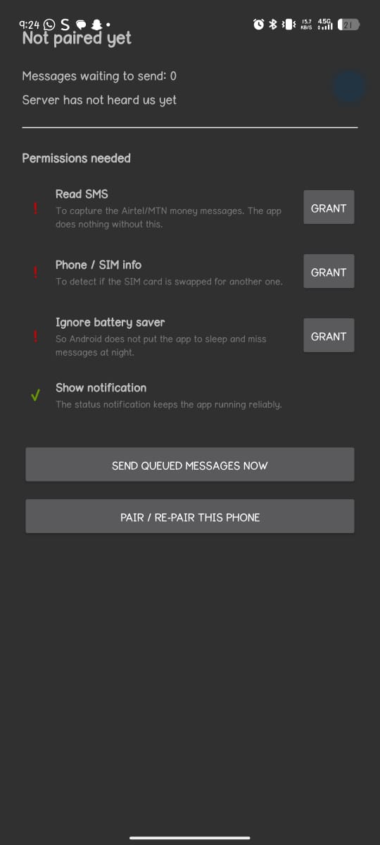 TXN Manager, with the status, the Grant permission buttons, a granted tick and the Pair button marked