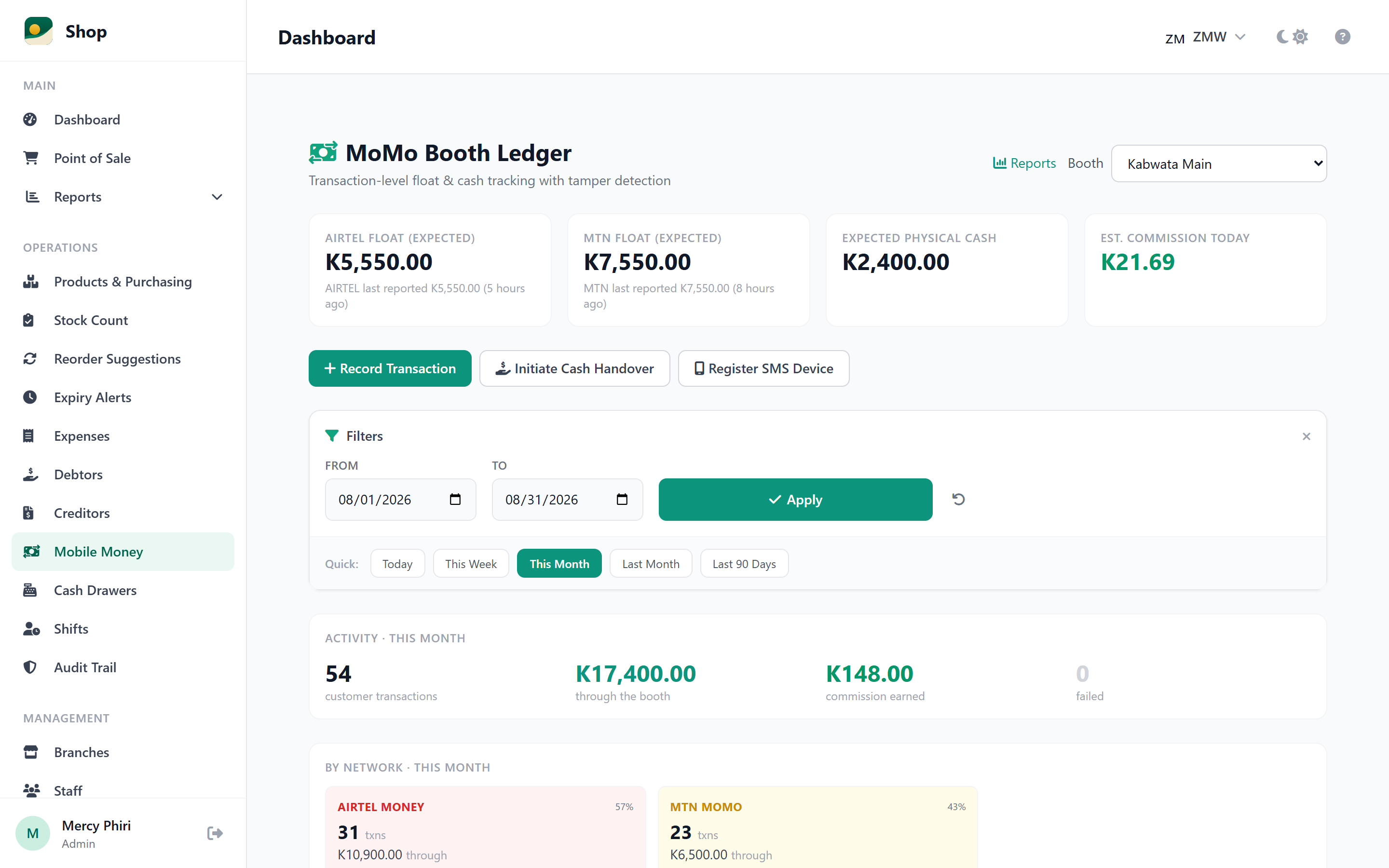 MoMo booth ledger showing expected float versus the network-reported balance, SMS-sourced transactions, and the booth phone online with battery level