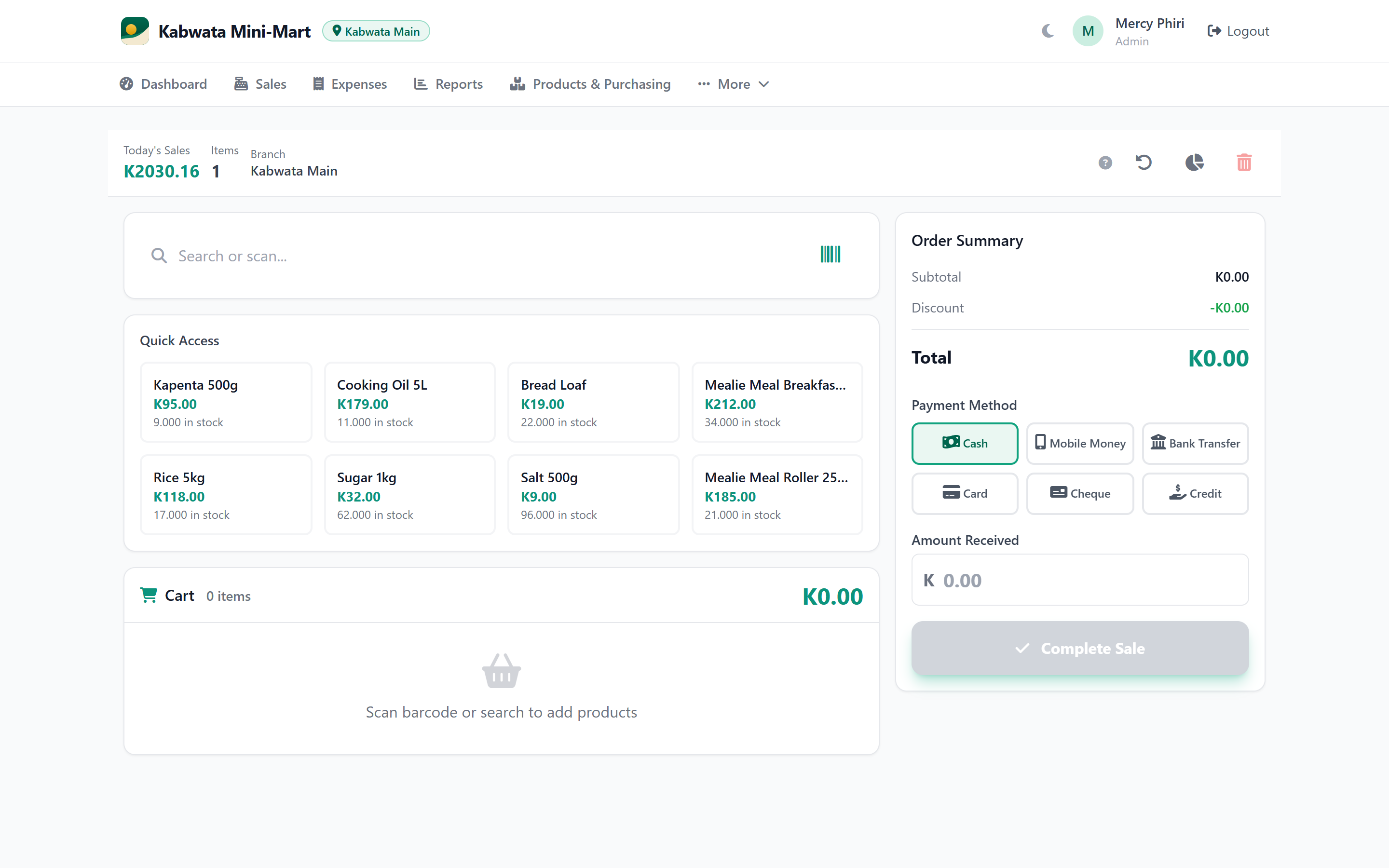 Selling at the counter. Scan a barcode or tap a product, take the money, done. Only the payment types you accept are shown.